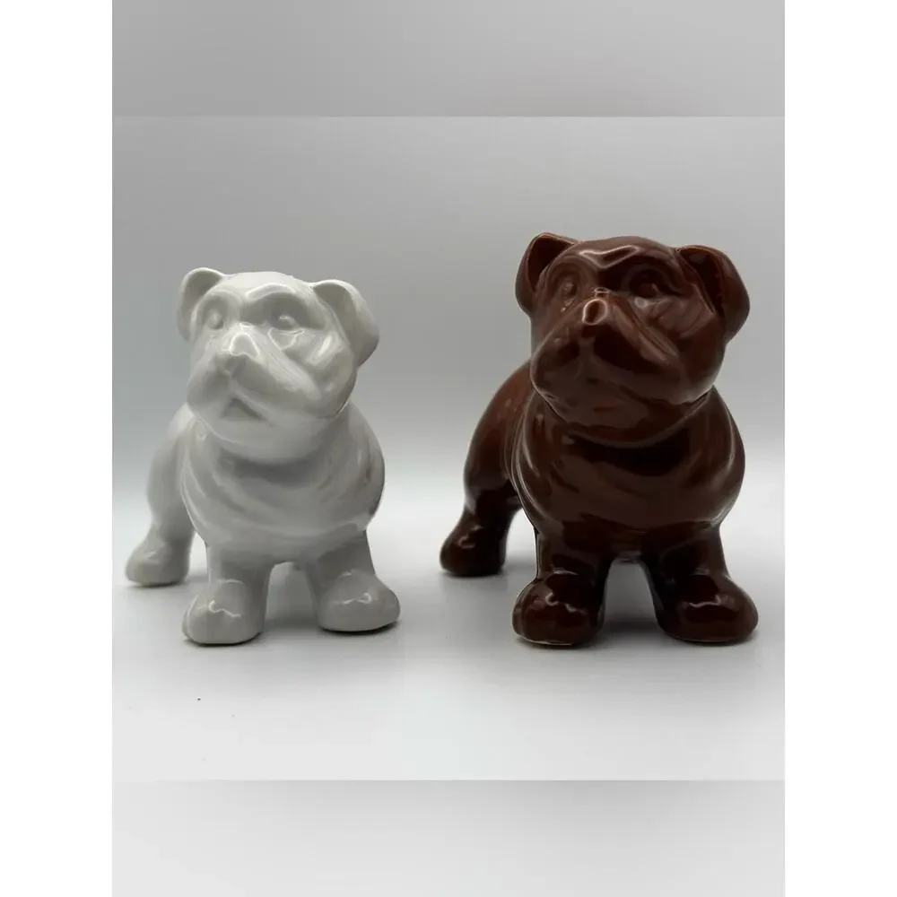 Ceramic Bulldog Salt & Pepper Shaker Set Brown & White Dog Kitchen Decor